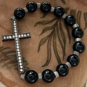 Handmade Black & Silver Cross Stretch Bracelet – Rhinestone Accent